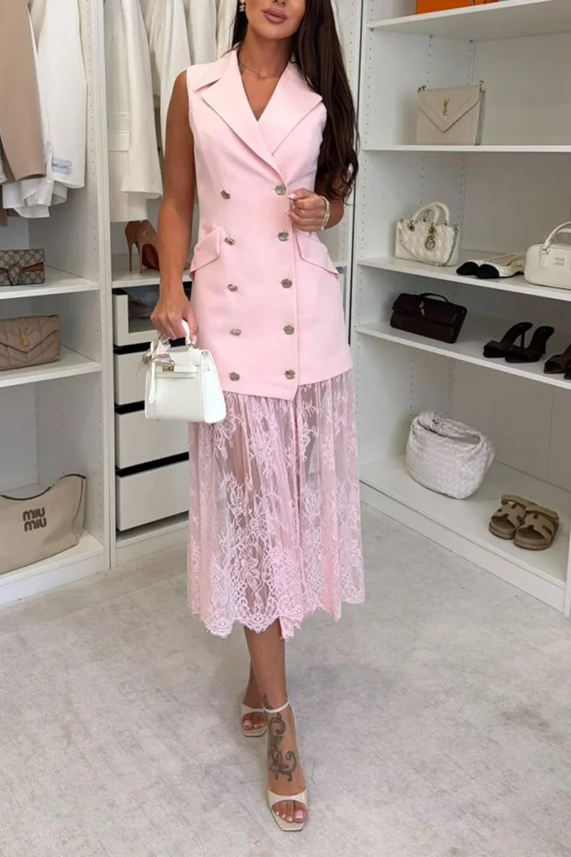Women's Fashion Commuter Lapel Lace Panel Hem Dress