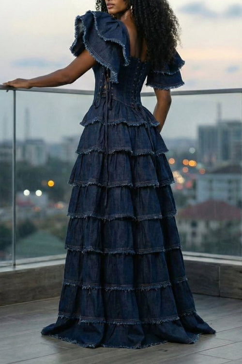 Ladies' Fashionable Casual Washed Long Dress Denim Dress