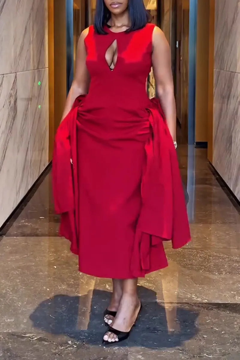 Women's Elegant Side-Tie Cutout-Neckline Midi Dress