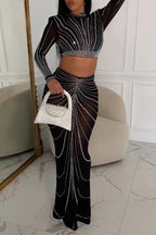 Women's Fashion Party Rhinestone Top Skirt Set