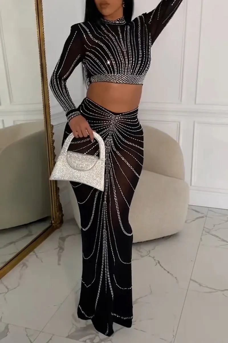 Women's Fashion Party Rhinestone Top Skirt Set
