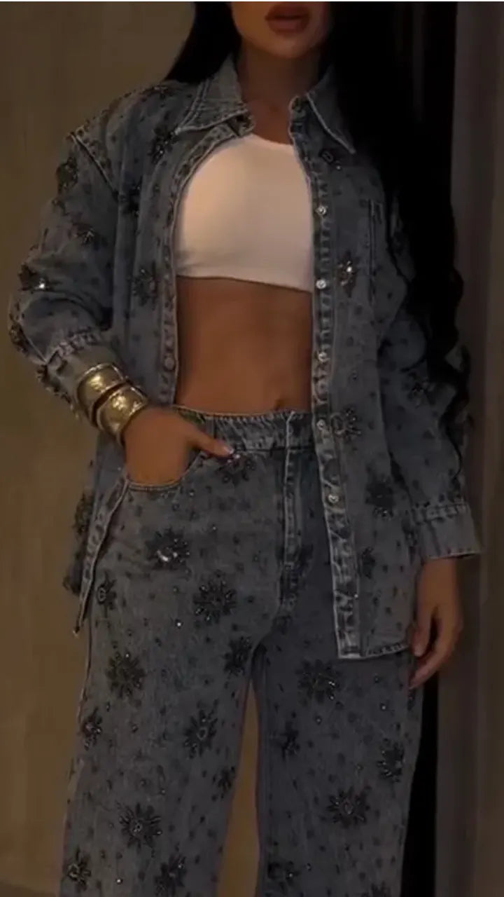 Women Lapel Printed Casual Denim Suit