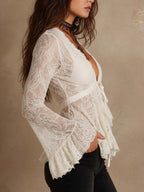 Vintage Boho Lace Flare Sleeve Tie-Front Peplum Top