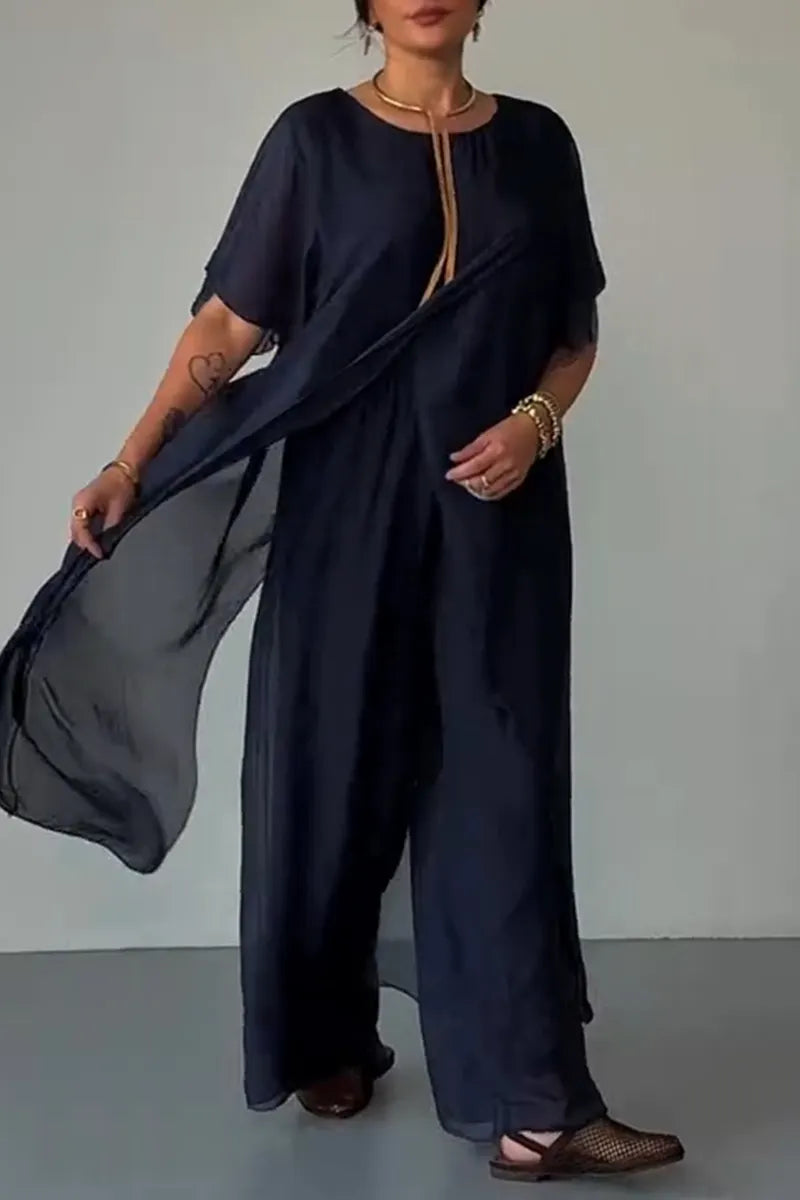 Women Round Neck Irregular Long Chiffon Top+ Wide Leg Pants Casual Suit