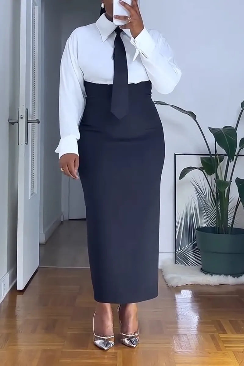 Women's Elegant Solid Shirts & High-Waist Bodycon Skirt