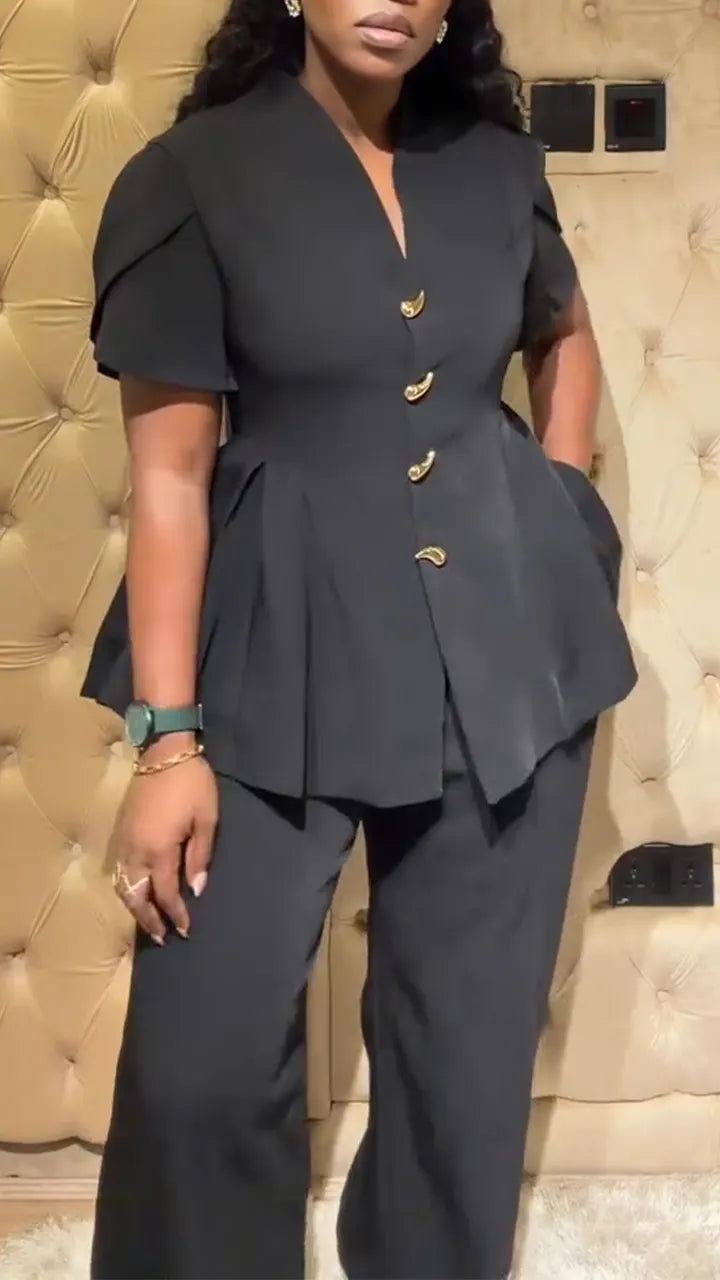 Womens V-neck Top + Pants Casual Outfit with Temperament