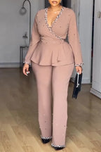 Women's Elegant V-Neck Beaded Flounce Shirts & Pants