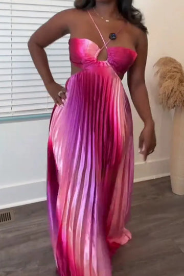 Women's Ombré Pleated Party Maxi Dress With Lace Up Detail
