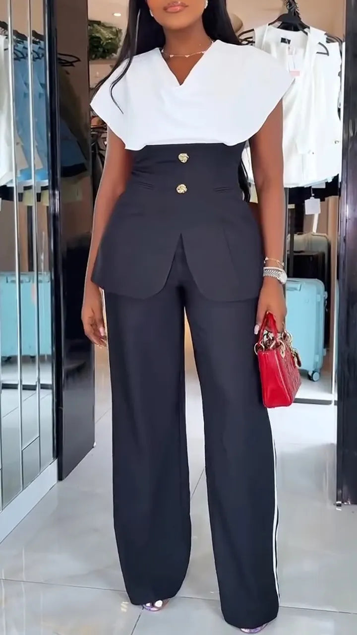 Womens V-neck Splicing Fake Two-piece Top + Pants Temperament Commuting Suit