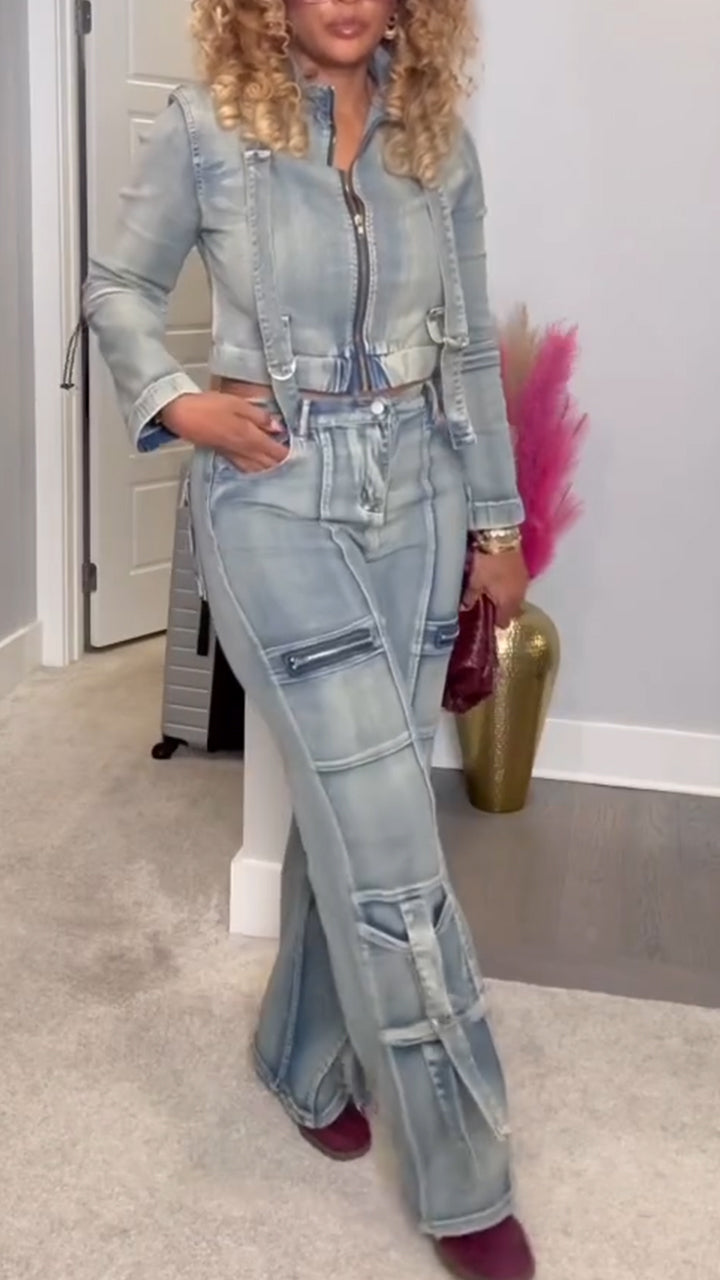 Womens Collar Wash Jacket + Pants Casual Denim Suit