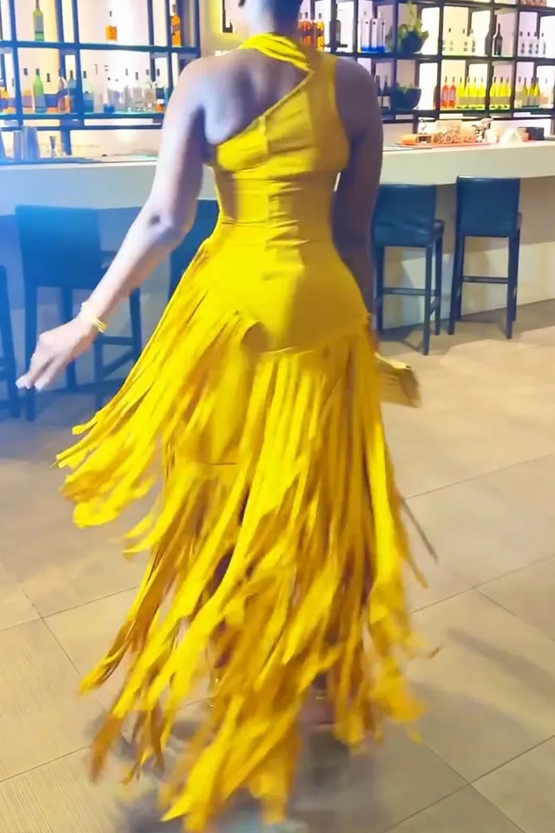 Women's Fashion Party Asymmetric Neckline Fringe Midi Dress