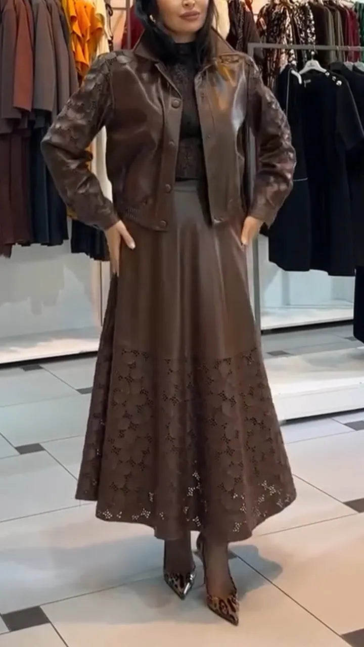 Women Lapel Leather Printed Hollow-Out Solid Color Casual Suit