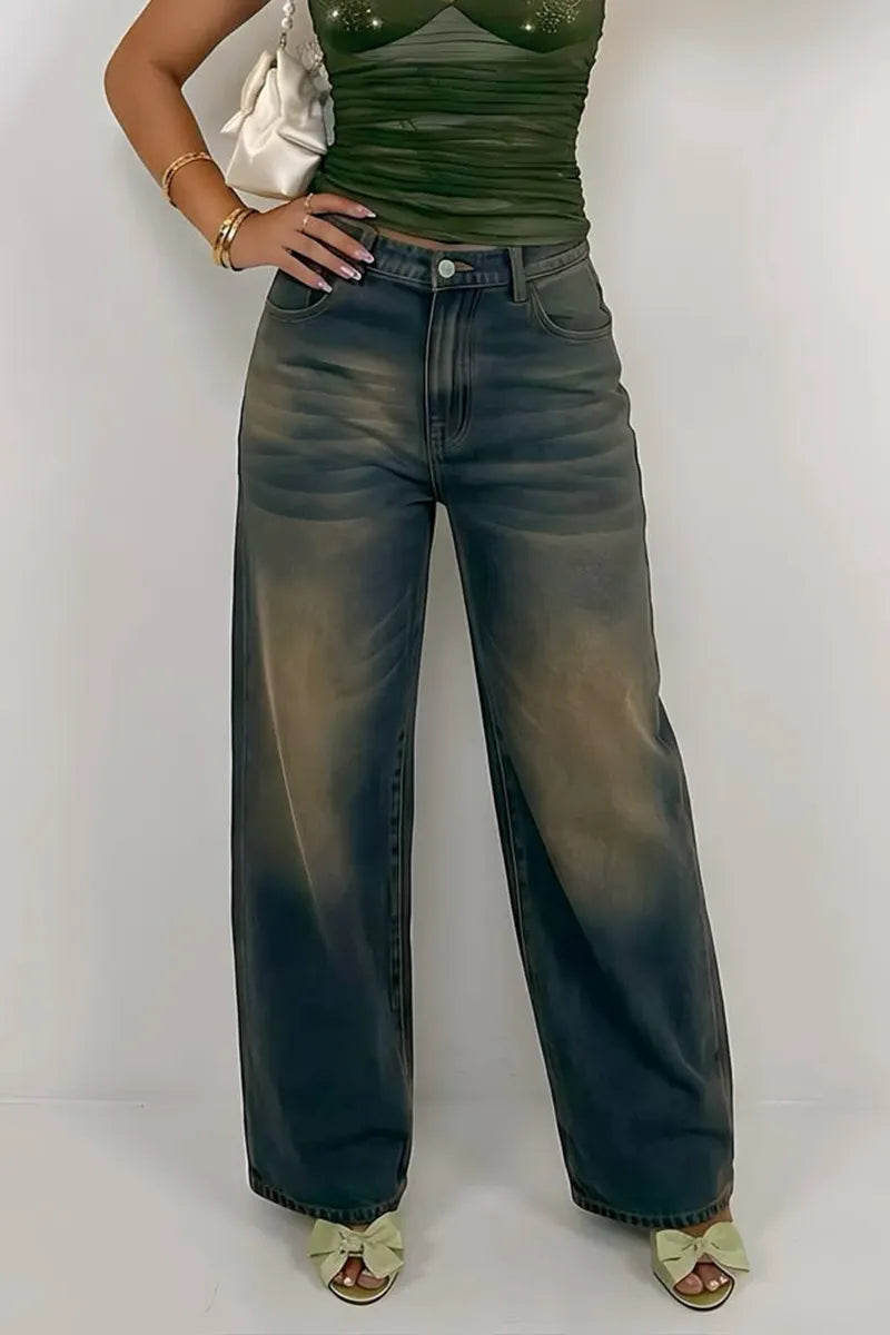Women Neck Hanging Rhinestone Patterned Top or Washed Wide Leg Jeans