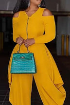 Women's Elegant Long-Sleeve Jumpsuit with Cut-Out Shoulders & Asymmetrical Pants