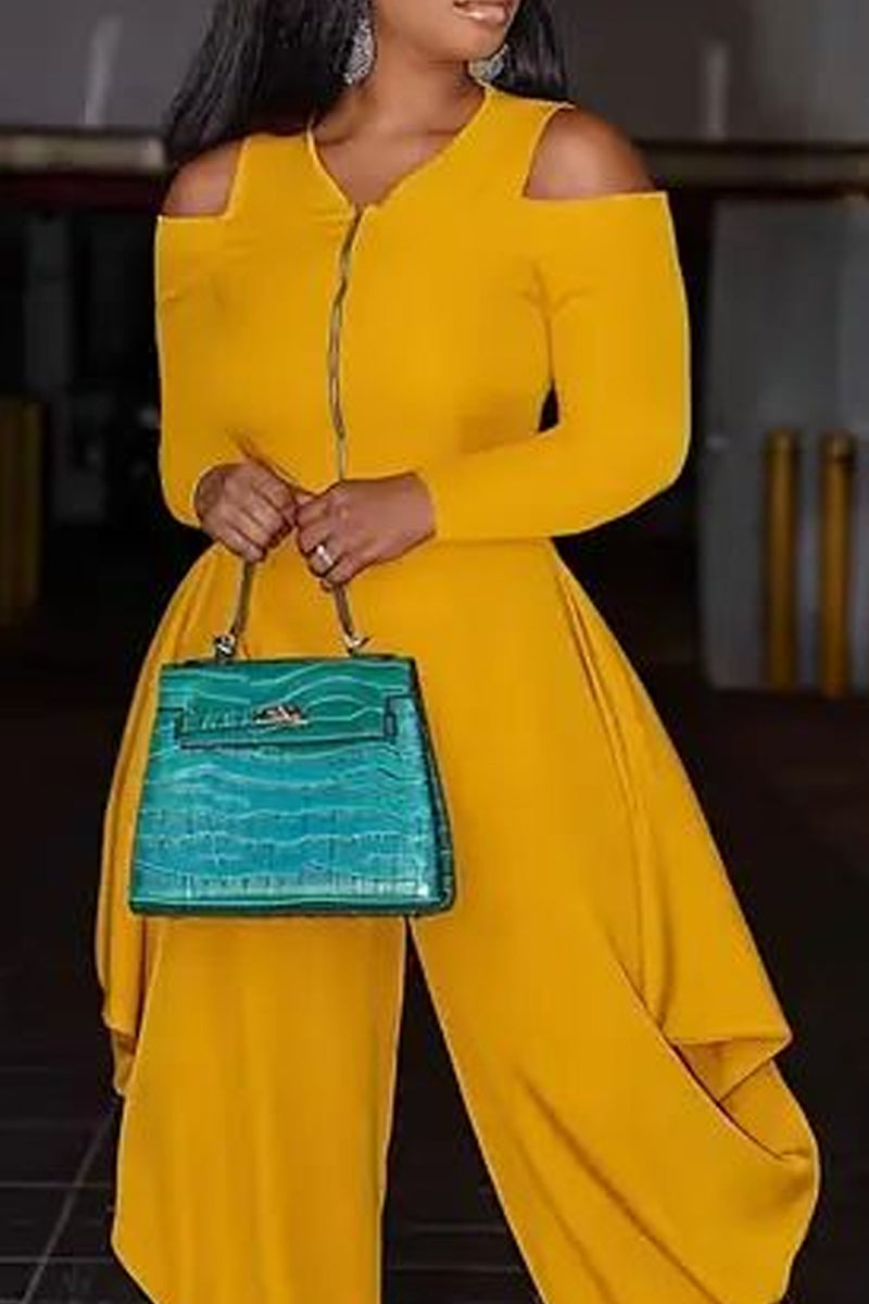 Women's Elegant Long-Sleeve Jumpsuit with Cut-Out Shoulders & Asymmetrical Pants