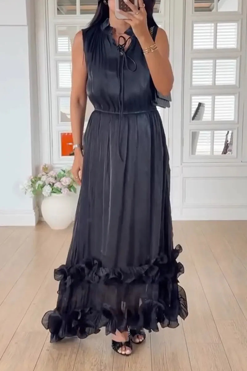 Women V-neck Sleeveless Patchwork Waist Cinching Elegant Temperament Dress