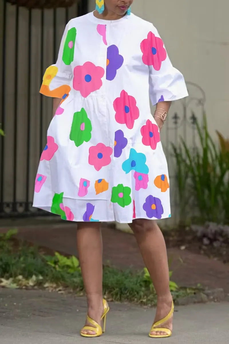 Women's Casual Loose Fit A-Line Dress with Vibrant Abstract Floral Print