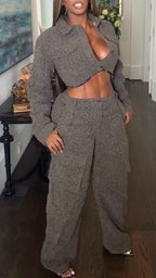 Women Lapel Breasted Top and Pants Casual Suit
