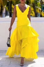 Women's V-Neck Tiered Asymmetrical Hem Maxi Dress