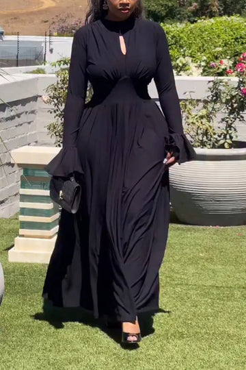 Women Round Neck Waist Cinched Solid Color Elegant Temperament Maxi Dresses