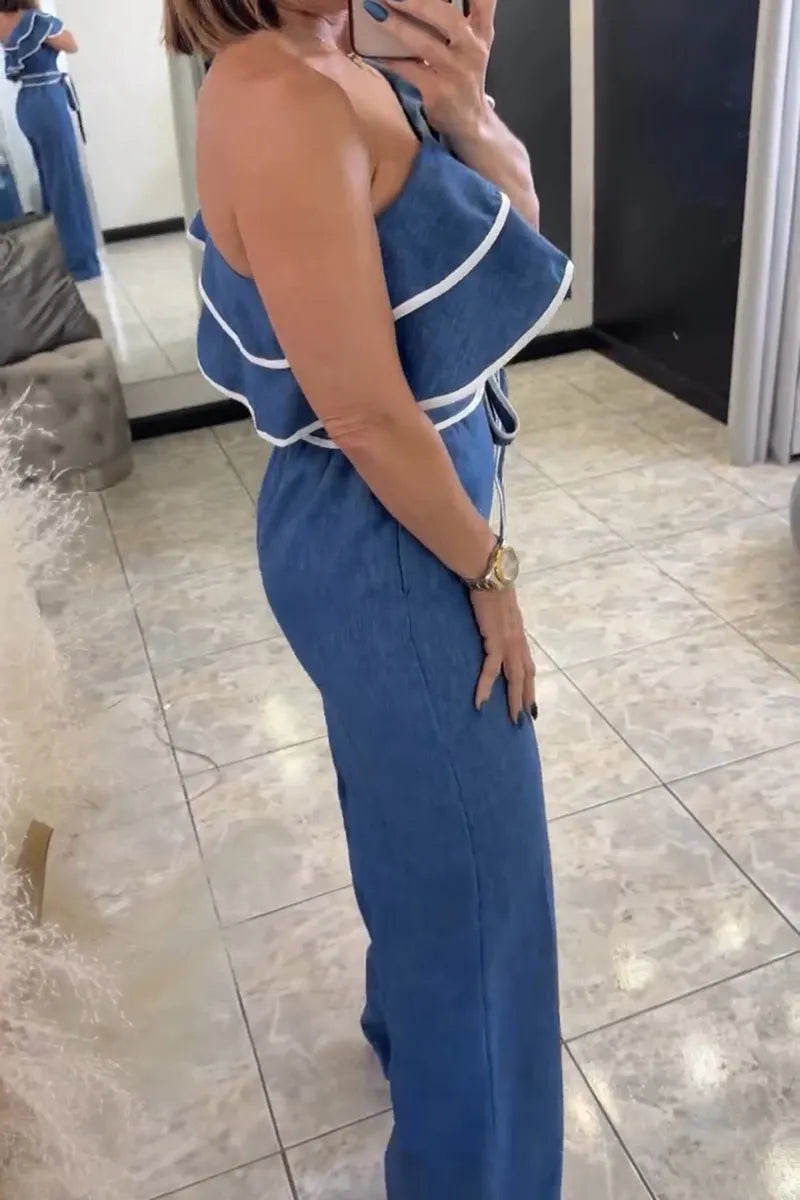 Women's Casual One-Shoulder Flounce Wide Leg Jumpsuit