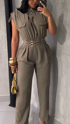 Womens round neck waist-hugging temperament casual jumpsuits