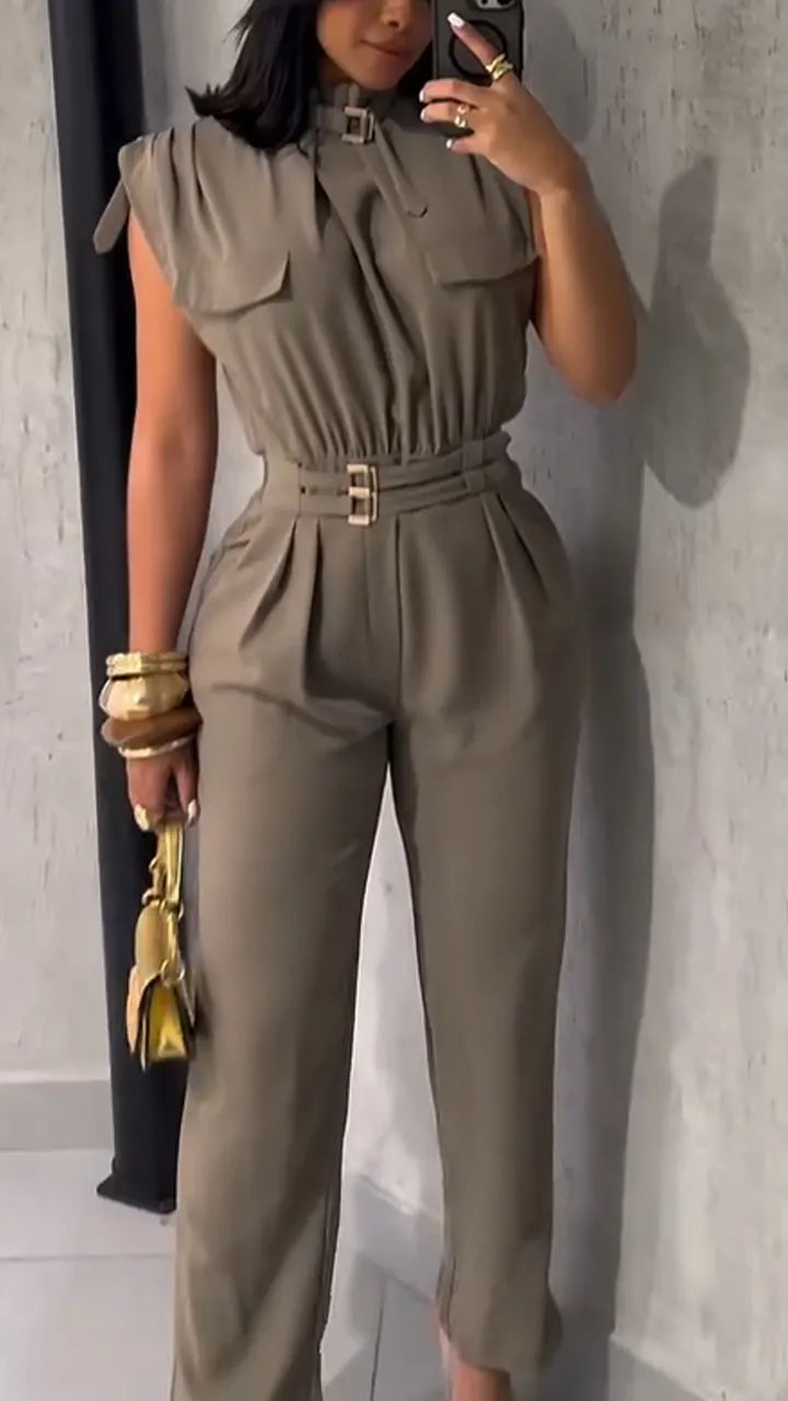 Womens round neck waist-hugging temperament casual jumpsuits