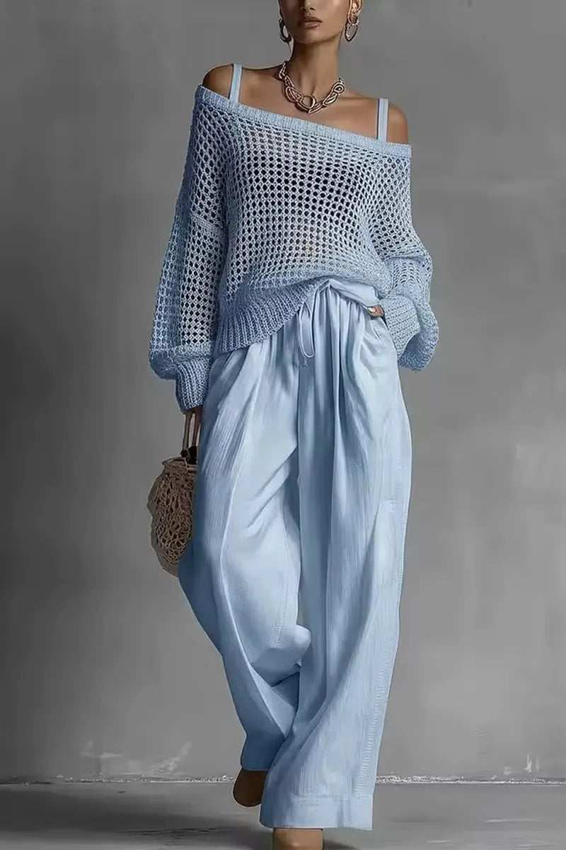 Women Suspender Woven Hollow Cover Shirt + Pants Casual Suit