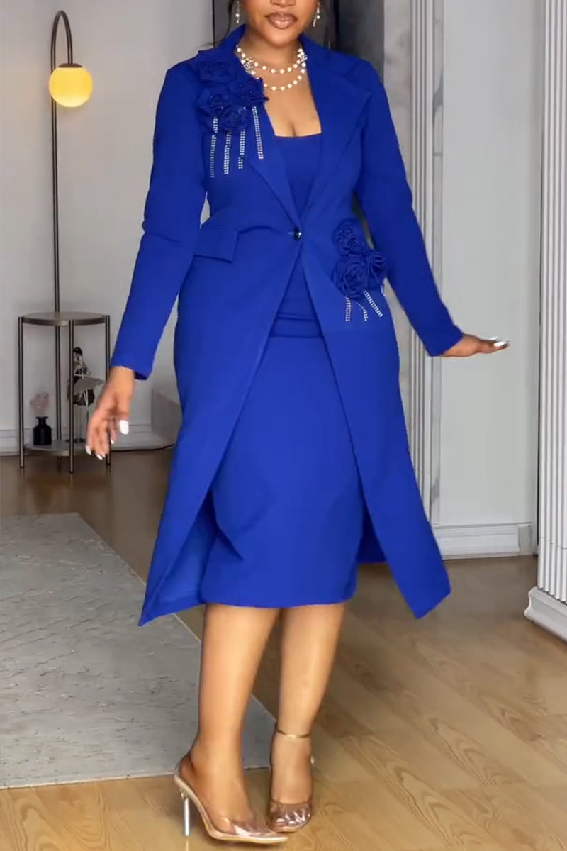Women's Elegant Cami Dress + 3D-Floral Lapel Long Blazer Set
