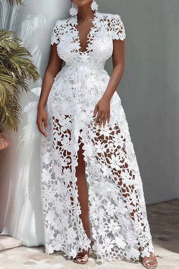 Women White Floral Crochet Lace Maxi Dress Deep V Short Sleeve Double Front Slit Sheer Beach Cover Up Gown