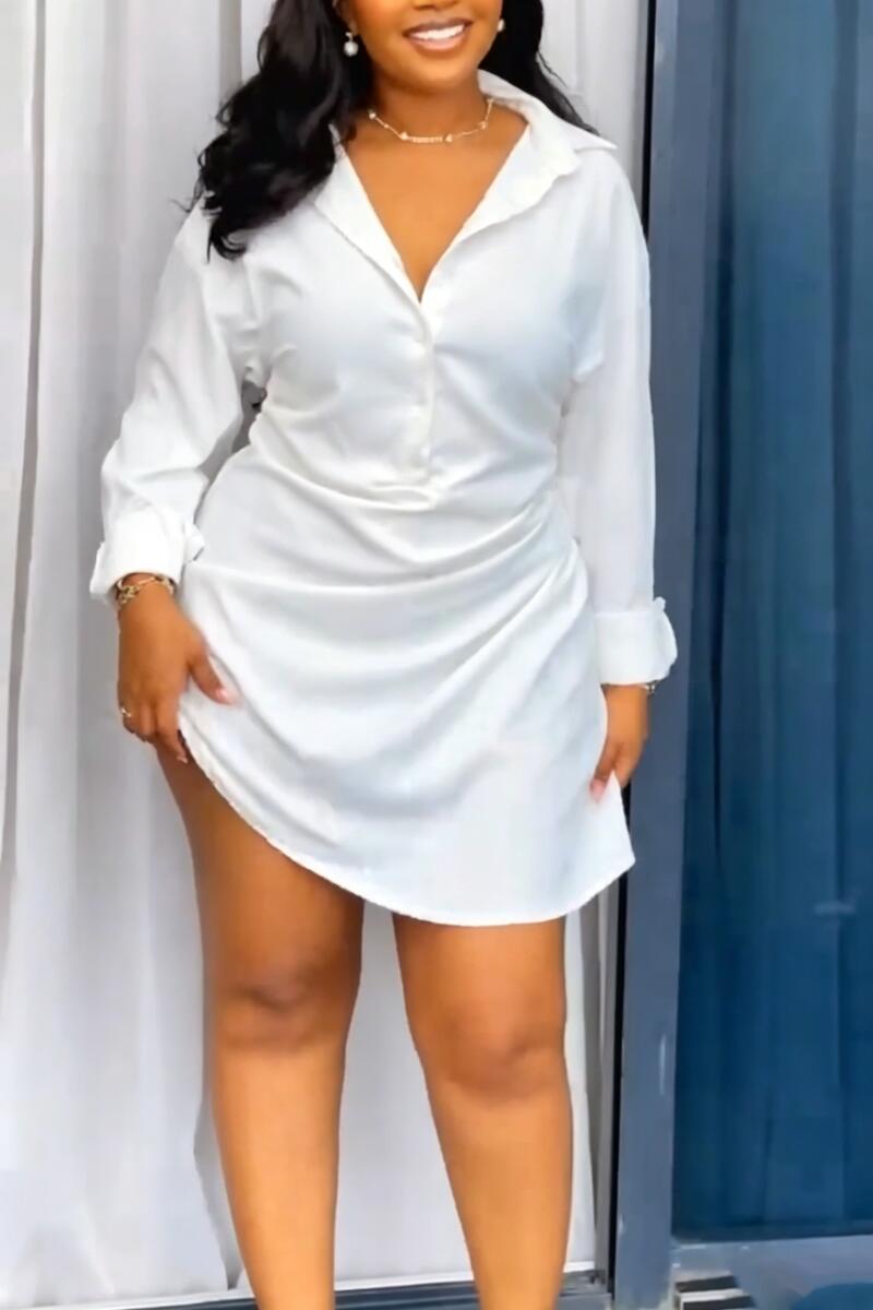 Women Collar Solid Color Waist Cinched Irregular Elegant Casual Mini Dresses