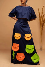 Women's Crop Top Or Maxi Skirt With Colorful Pocket Detail
