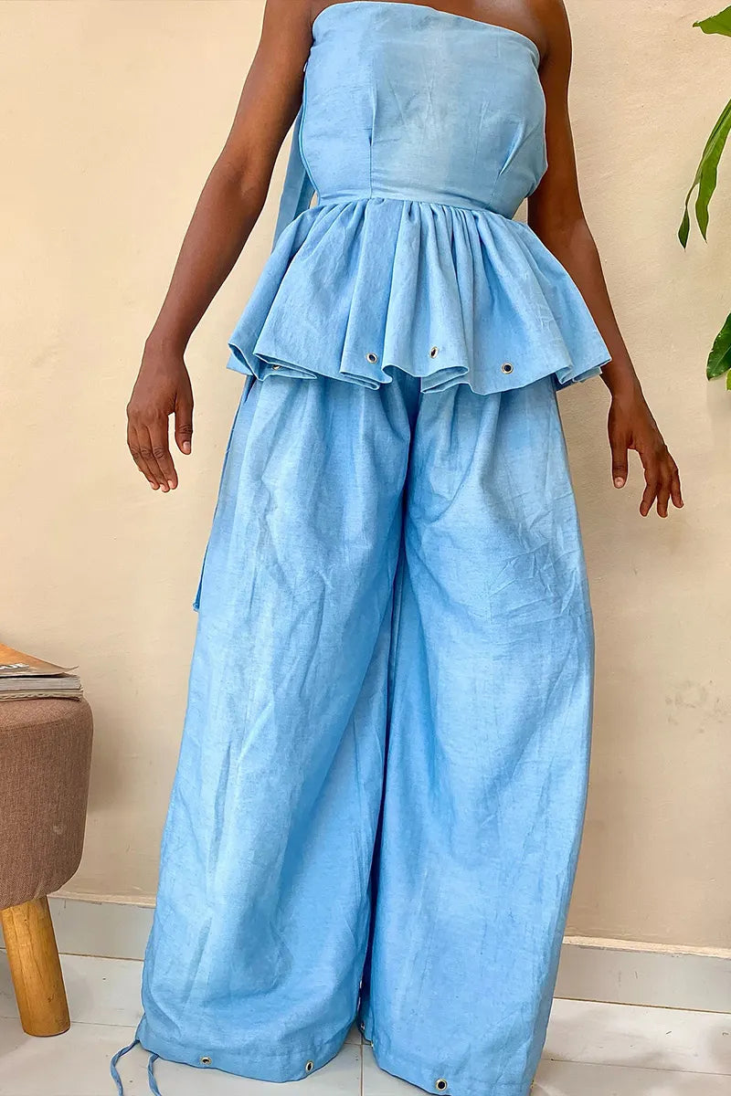 Women's Light Linen Blend Metal Eyelet Detail Neck Tie Ruffle Top Or Ruched Ankle Baggy Pant Matching