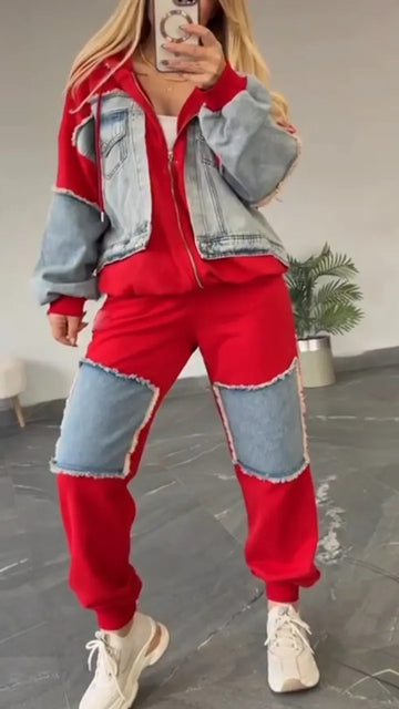 Women Collared Patchwork Denim Casual Suit