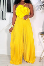 Women's Bright Yellow Halter Jumpsuit with Large 3D Flower and Pleated Pants