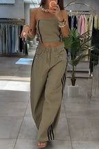 Women Denim Strapless Top with Rhinestones or Side Vertical Stripe Wide Leg Jeans