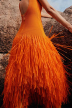 Women's Cocktail Dress with Solid Color Top & Feather Trim Skirt