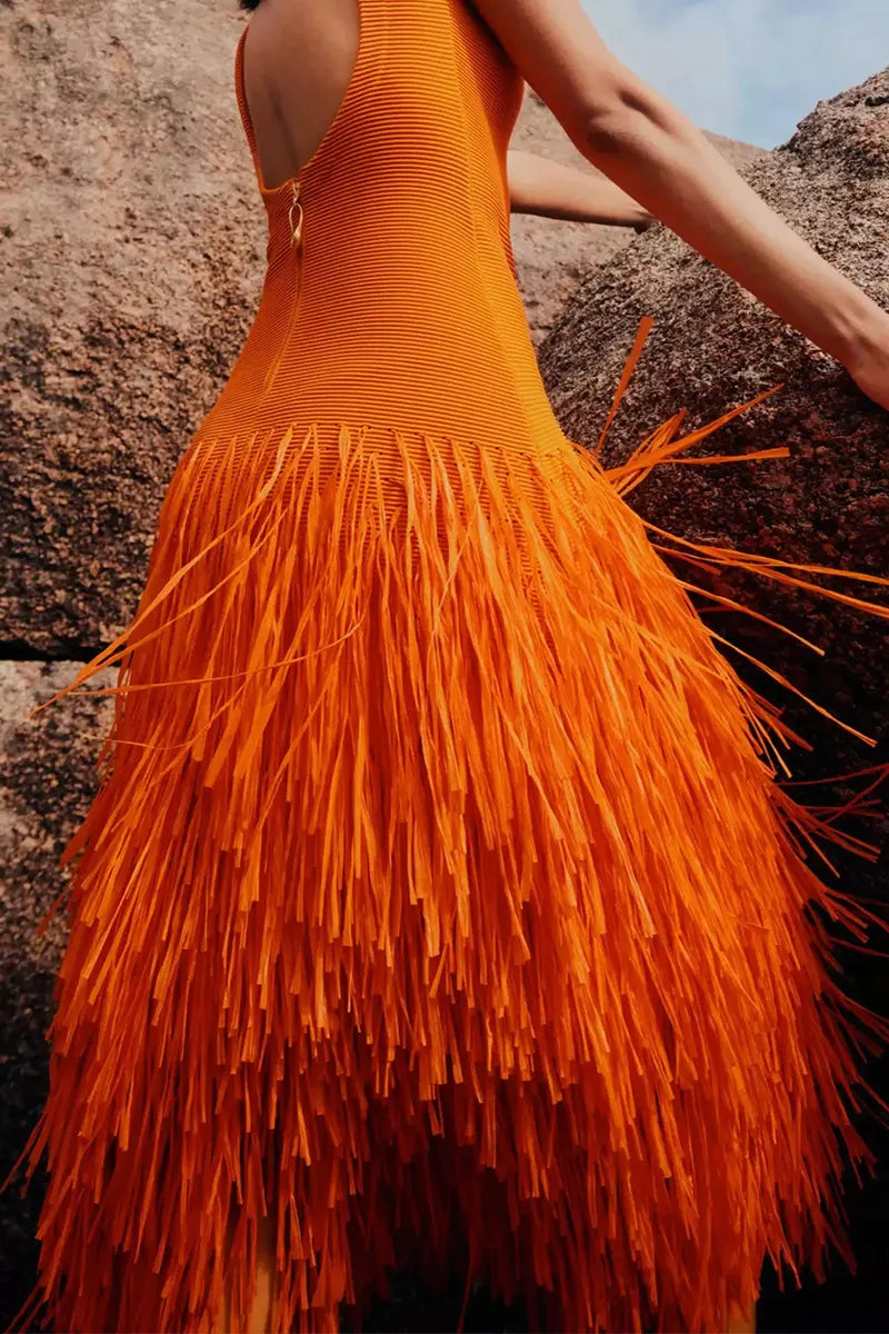 Women's Cocktail Dress with Solid Color Top & Feather Trim Skirt