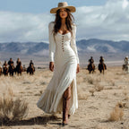 Ivory Western Boho Maxi Dress with Corset Bodice