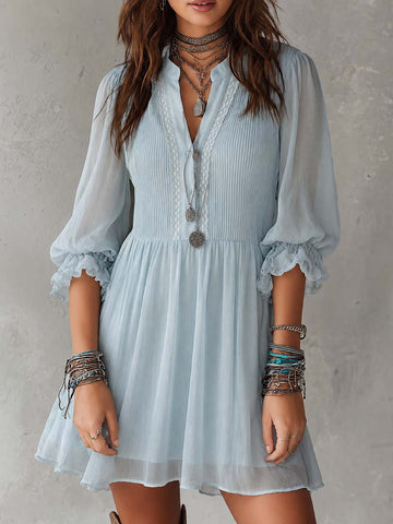 Retro Short-sleeved Ruffle Cuffs Chiffon Mini Dress