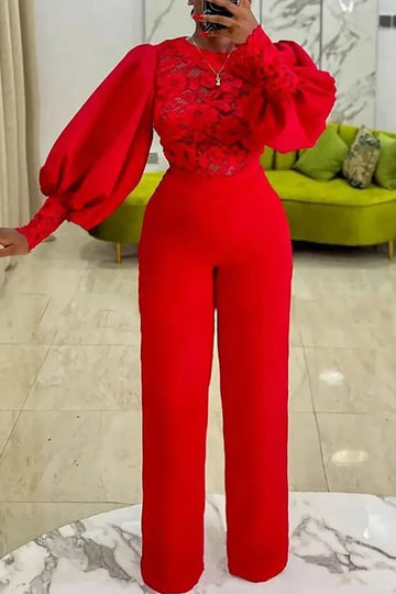 Women's Elegant Red Two-Piece Jumpsuit with Floral Lace Top & Puff Sleeves