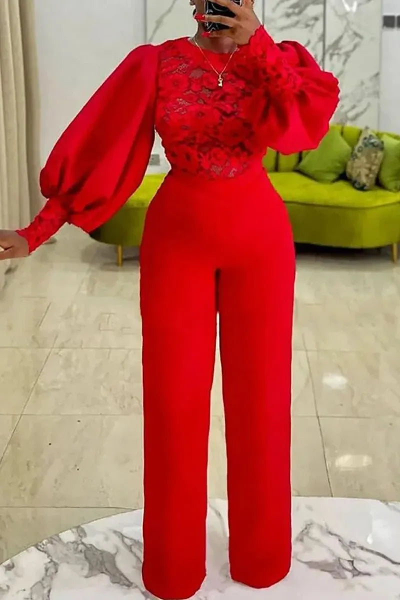 Women's Elegant Red Two-Piece Jumpsuit with Floral Lace Top & Puff Sleeves