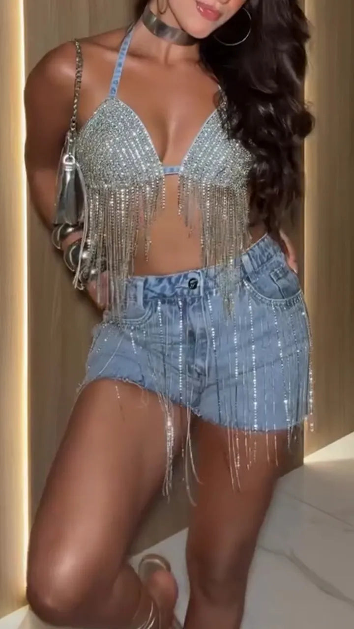 Womens Neck Hanging Hot Diamond Tassel Top+ Jeans Sexy Temperament Set
