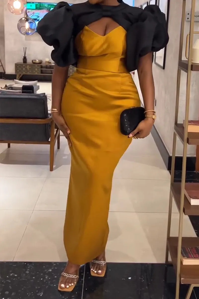 Women's Elegant Oversized Puff Sleeve Color-Block Dress 2 Piece Set