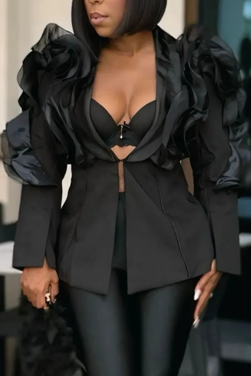 Women's Party Style Black Statement Shoulder Blazer Or Fitted Pants