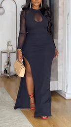 Women Round Neck Patchwork Solid Color Slit Elegant Temperament Dress