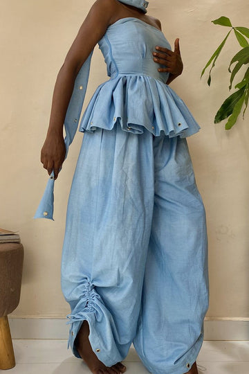 Women's Light Linen Blend Metal Eyelet Detail Neck Tie Ruffle Top Or Ruched Ankle Baggy Pant Matching