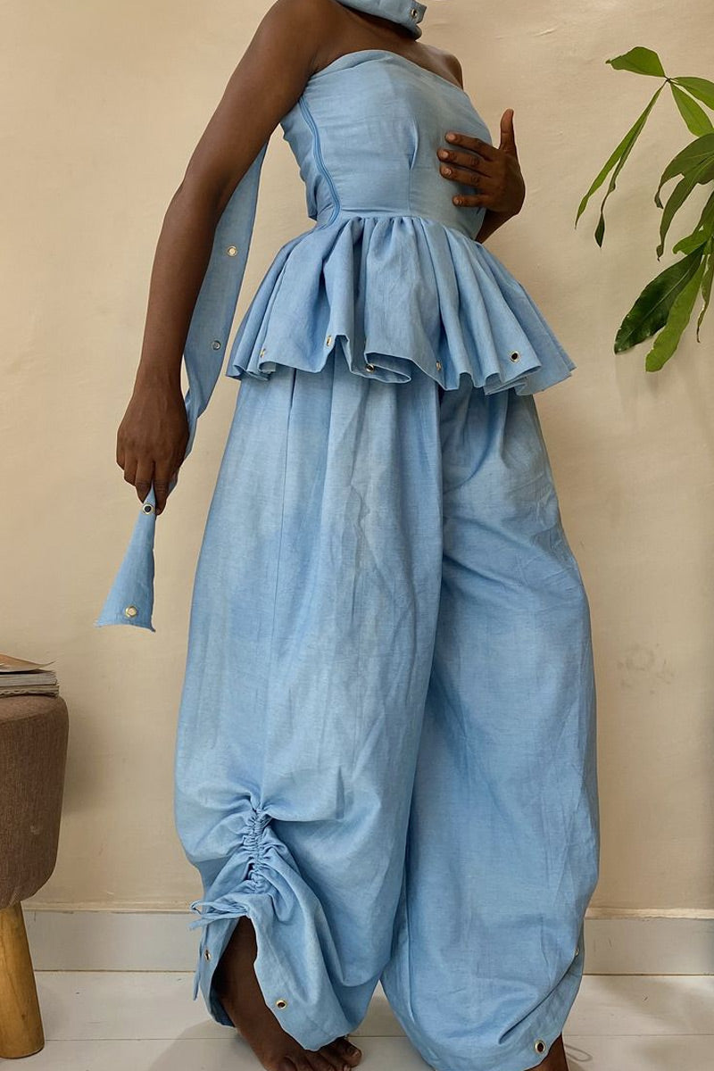 Women's Light Linen Blend Metal Eyelet Detail Neck Tie Ruffle Top Or Ruched Ankle Baggy Pant Matching