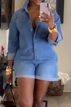 Women's Daily Shirt Collar Long Sleeved Pocket Denim Jumpsuit