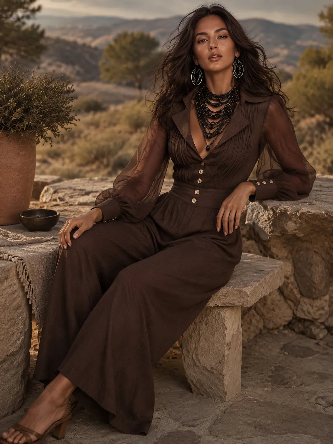 Lapel Collar Sheer Puff Sleeve Ruched Button Front Wide Leg Jumpsuit